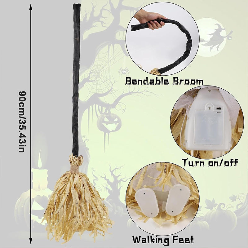 Glowing Witch Broom with Sound Effects – Auto Bouncing Halloween Decor, Haunted House Party Prop, Indoor Decoration Gift